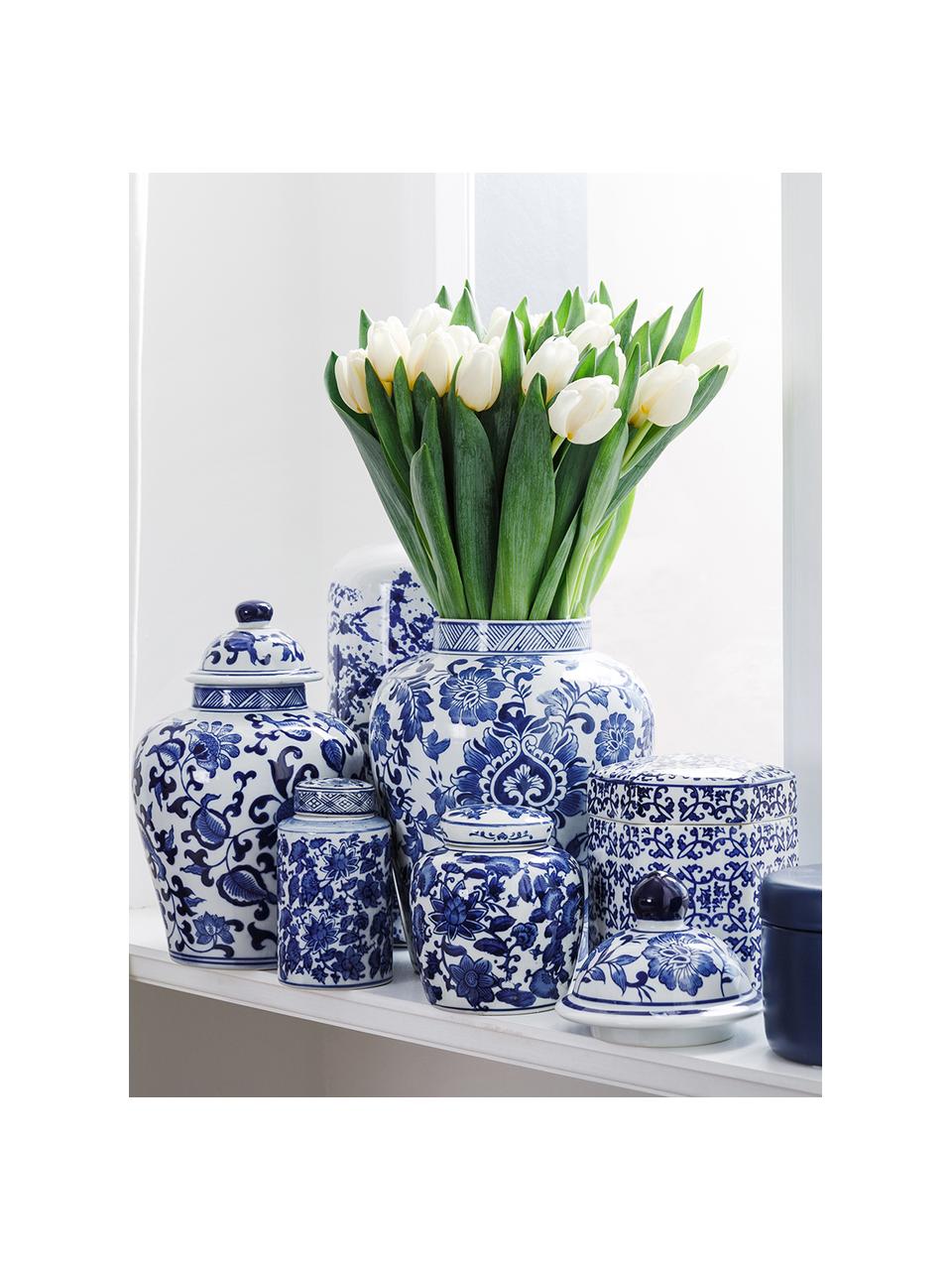 Vaso piccolo decorativo in porcellana con coperchio Annabelle, Porcellana, Blu, bianco, Ø 8 x Alt. 14 cm