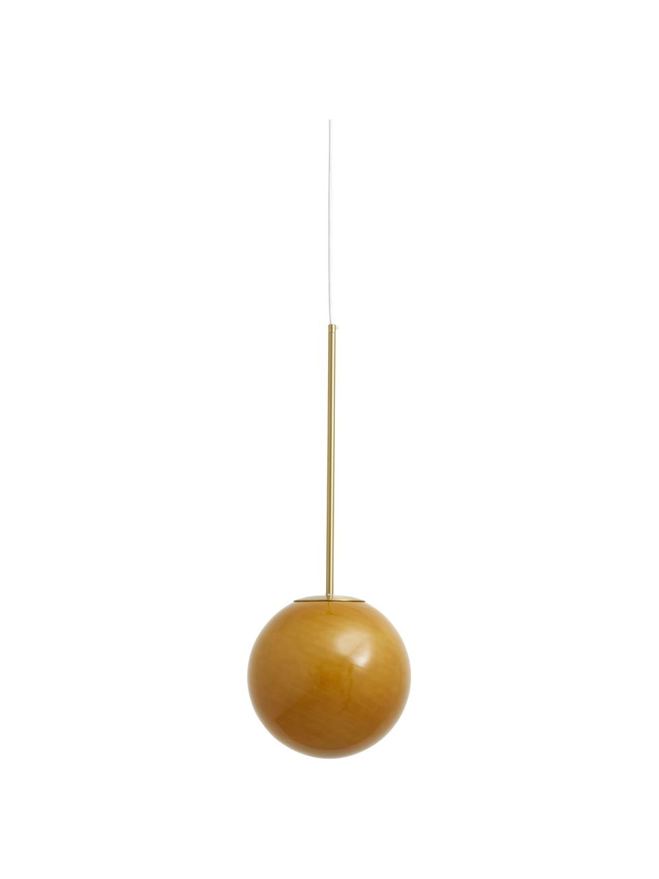 Lampada sferica piccola a sospensione ambrata Seth, Paralume: vetro, Baldacchino: metallo rivestito, Ambra trasparente, dorato, Ø 25 x Alt. 68 cm