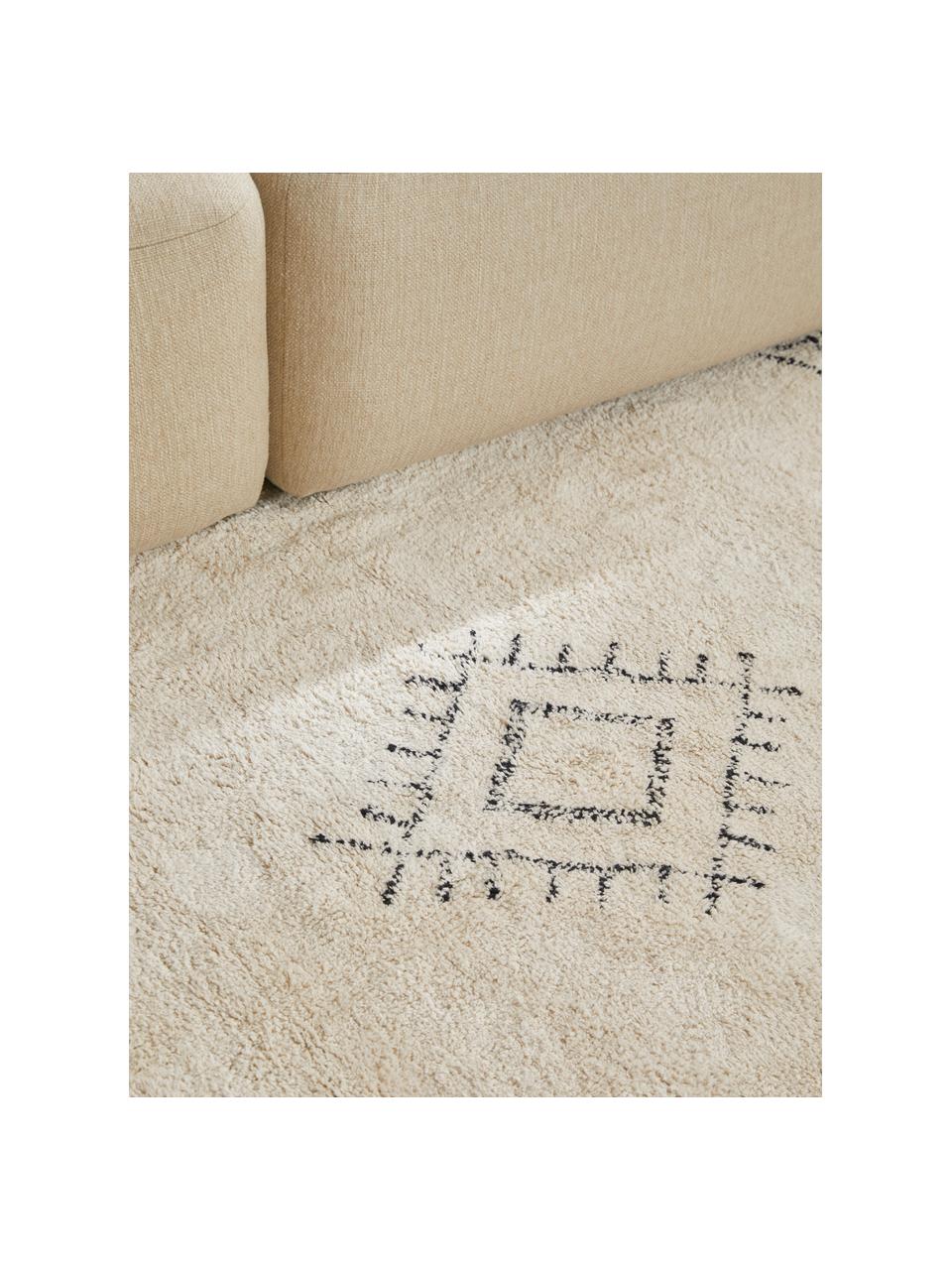 Ručne tkaný okrúhly bavlnený koberec so strapcami Fionn, Svetlobéžová, čierna, Ø 150 cm (veľkosť M)