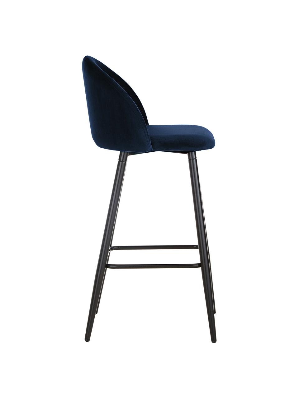 Chaise haute de bar Amy, Velours bleu foncé, noir, larg. 45 x haut. 103 cm