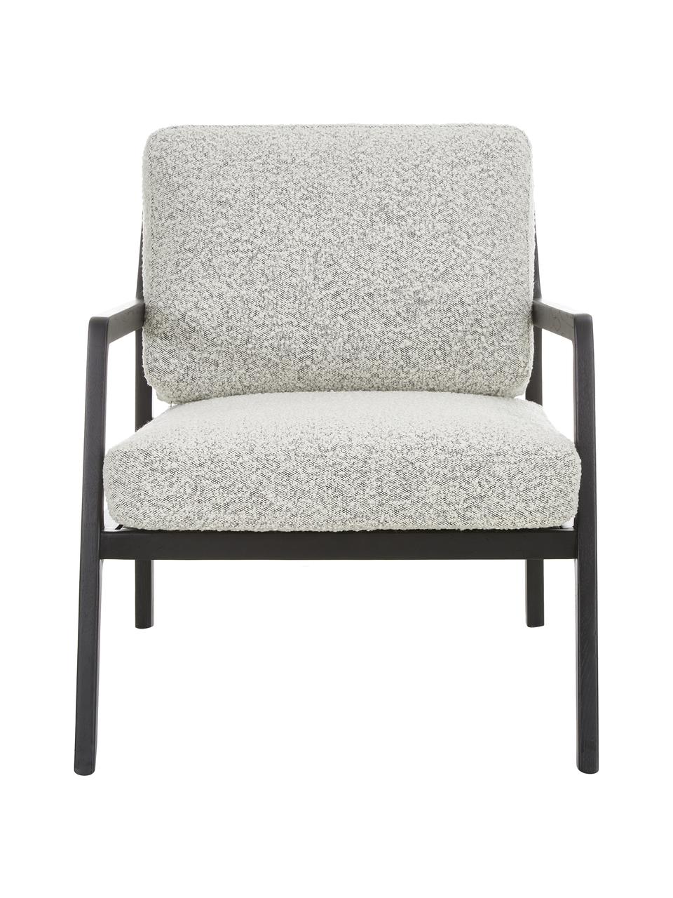 Fauteuil Becky van eikenhout, Bekleding: 54% polyester, 46% acryl, Frame: massief eikenhout, Bouclé zwart-wit, zwart, B 73 x H 71 cm