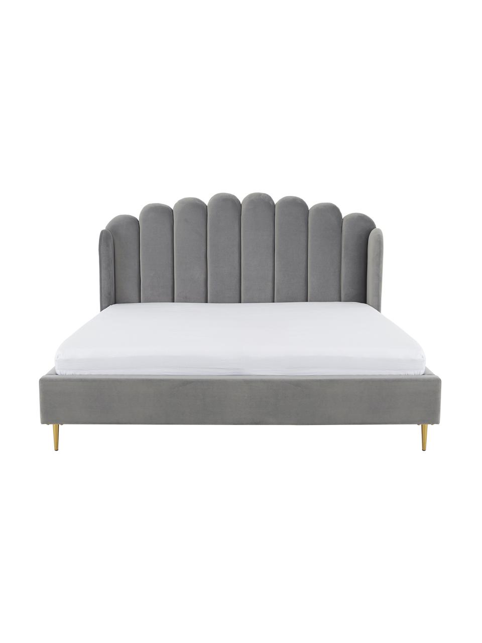 Gestoffeerd fluwelen bed Glamour in grijs, Frame: massief grenenhout, Poten: vermessingd metaal, Bekleding: fluweel (polyester), Fluweel grijs, 180 x 200 cm