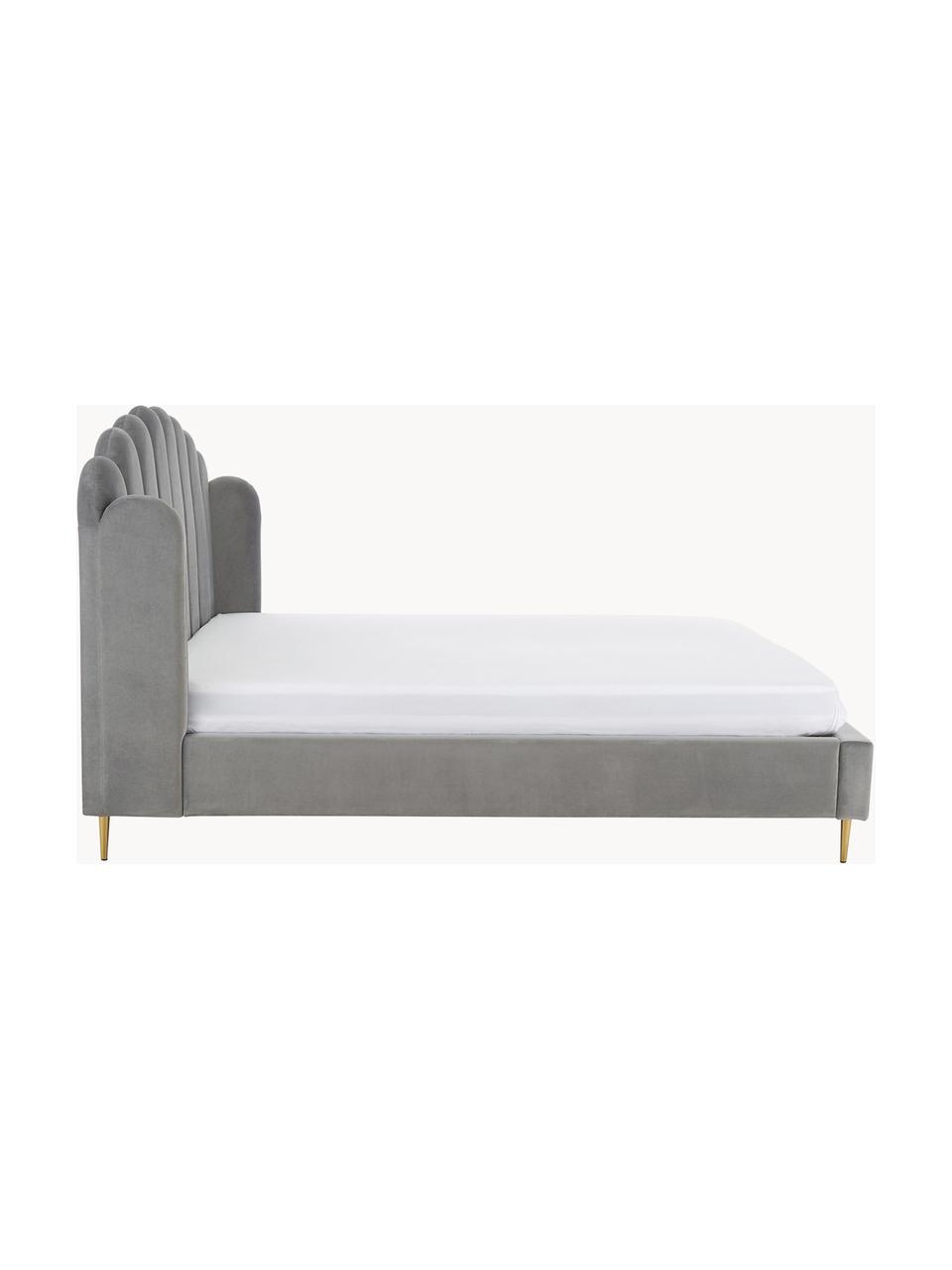 Gestoffeerd fluwelen bed Glamour, Frame: massief grenenhout, Poten: vermessingd metaal, Bekleding: fluweel (polyester), Fluweel grijs, 160 x 200 cm