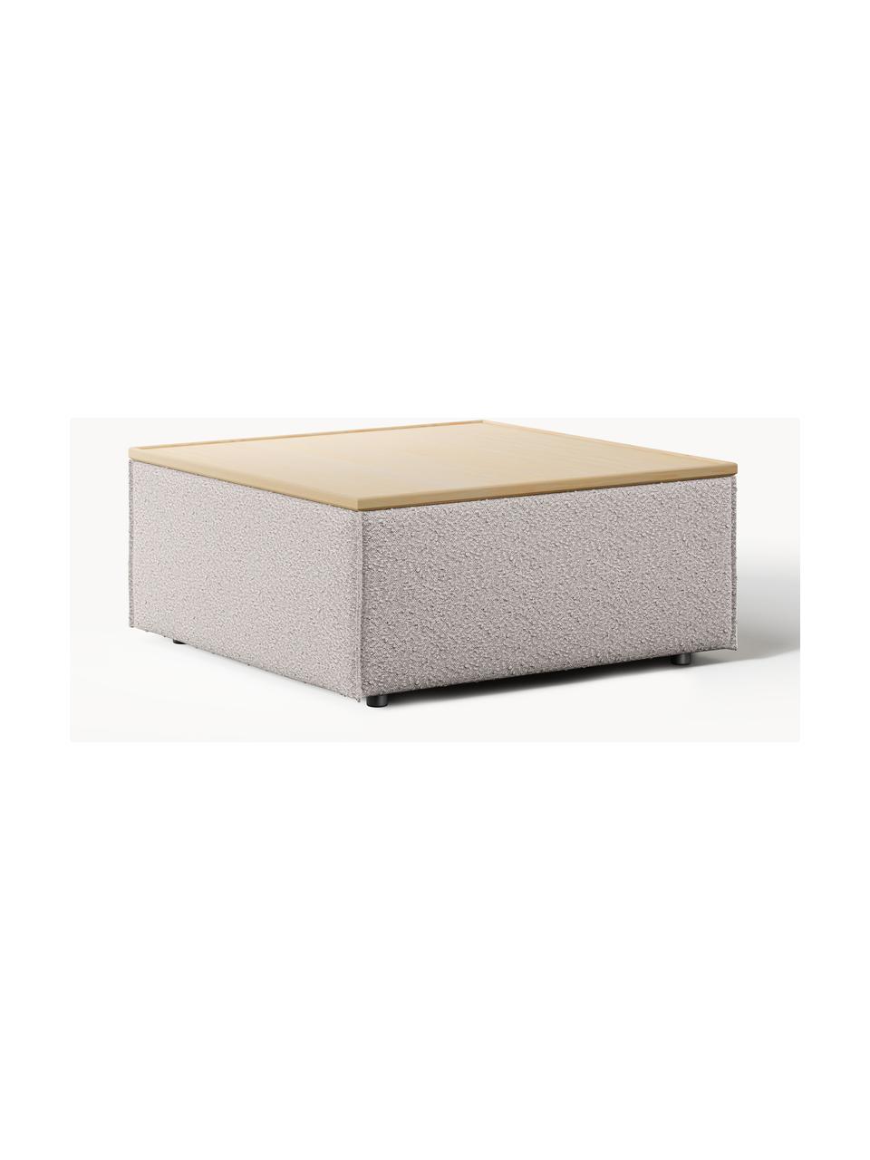 Sofa-Hocker Lennon aus Bouclé mit Stauraum, Bezug: Bouclé (80 % Polyester, 2, Tablett: Eichenholz, Spannplatte m, Gestell: Spanplatte, mitteldichte , Bouclé Taupe, helles Eichenholz, B 88 x T 88 cm