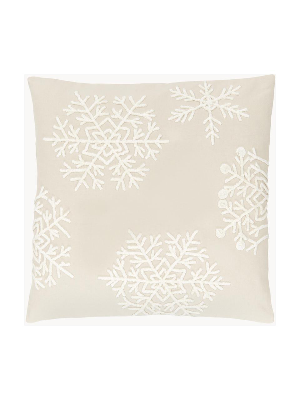 Funda de cojín bordada Snowflake, 100% algodón, Beige, blanco crema, An 45 x L 45 cm
