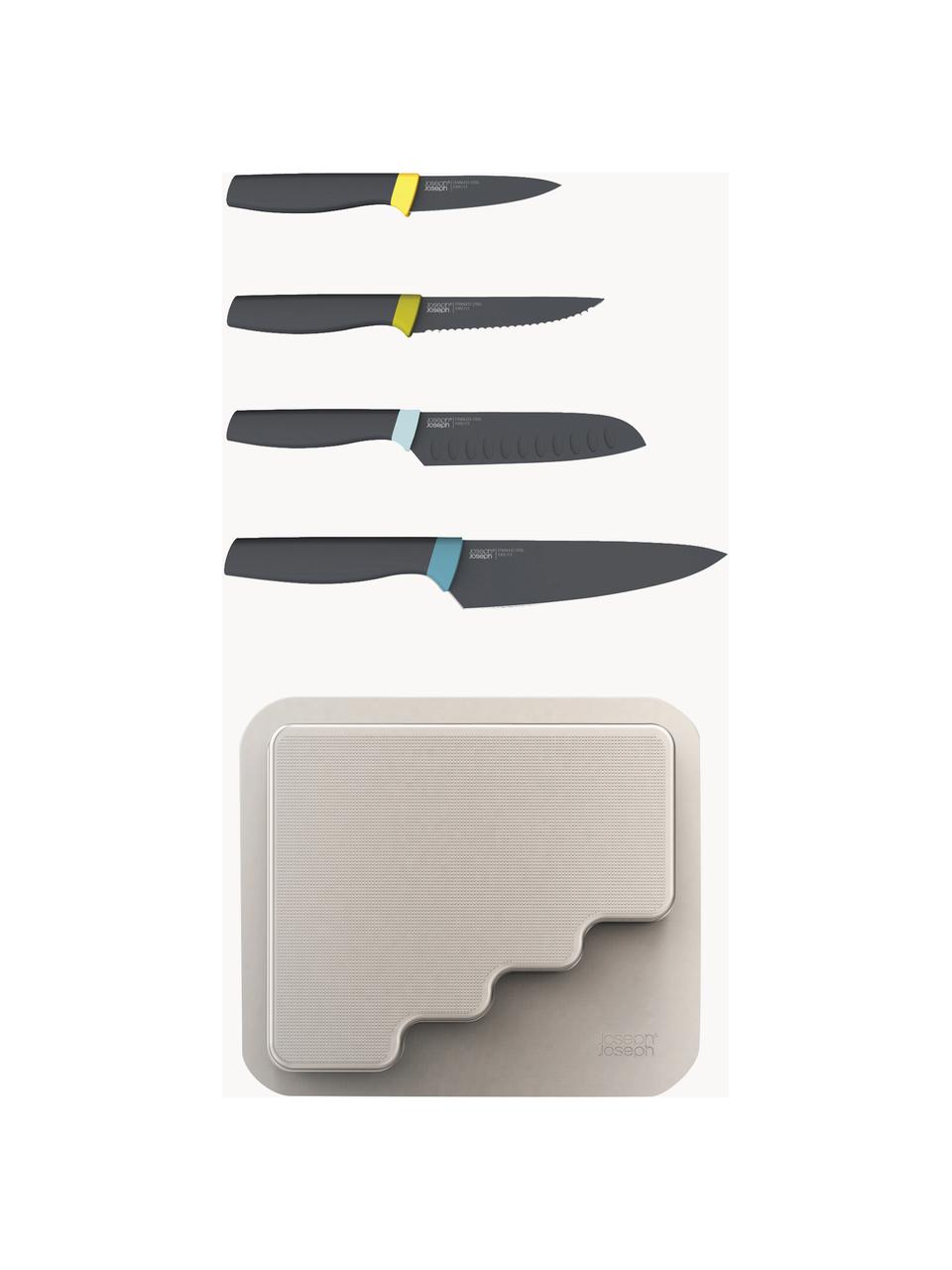 Set de cuchillos con soporte Door Storage, 5 pzas., Estantería: plástico, Cuchillo: acero inoxidable cepillad, Beige claro, tonos verdes y azules, Set de diferentes tamaños