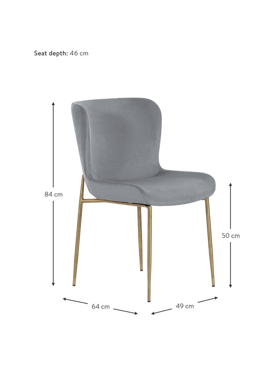 Fluwelen stoel Tess in grijs, Bekleding: fluweel (polyester), Poten: gepoedercoat metaal, Fluweel grijs, goudkleurig, B 49 x D 64 cm