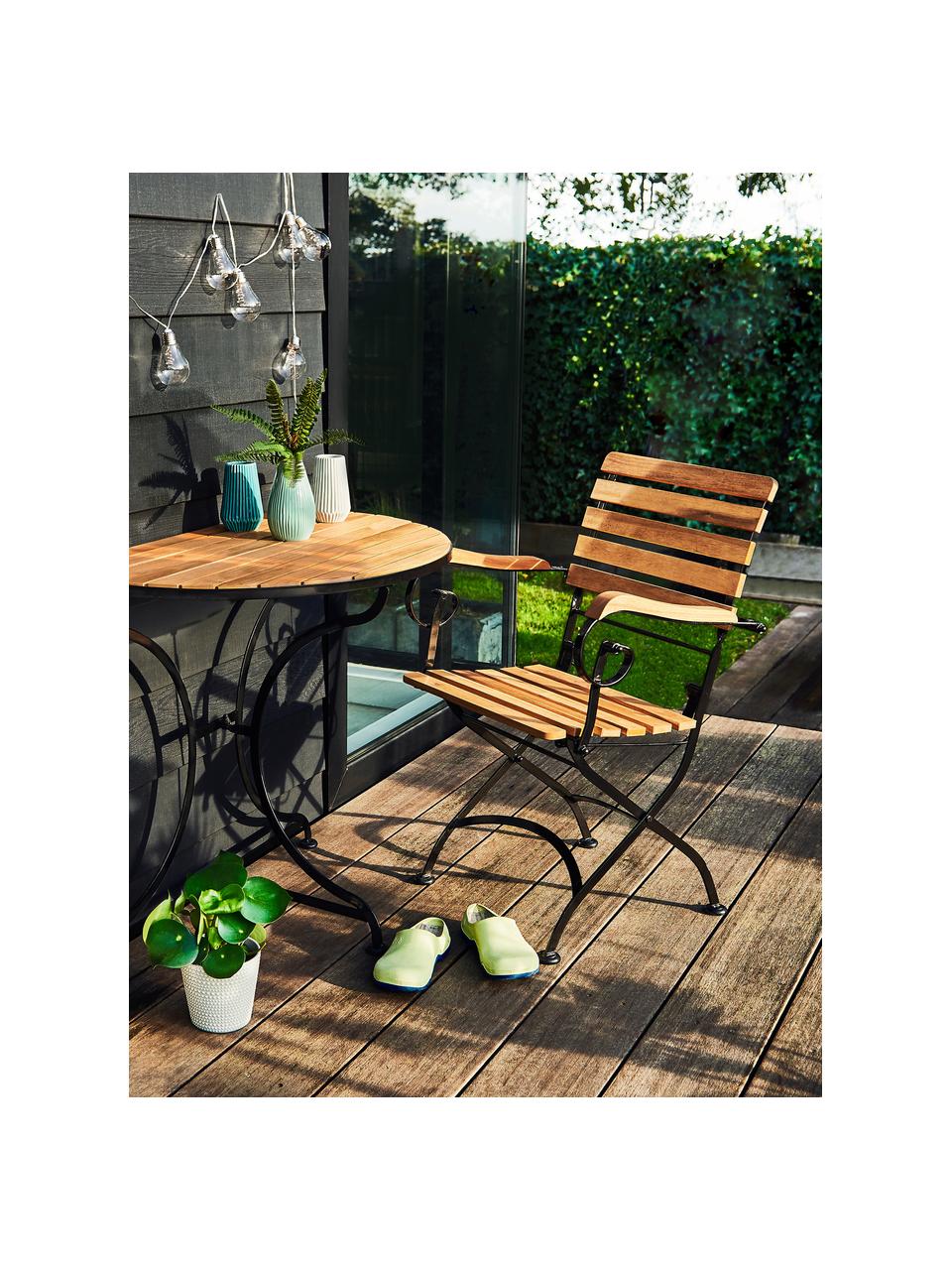 Sillas plegables con reposabrazos de exterior Parklife, 2 uds., Asiento: madera de acacia aceitada, Estructura: metal galvanizado con pin, Negro, madera de acacia, An 59x F 52 cm