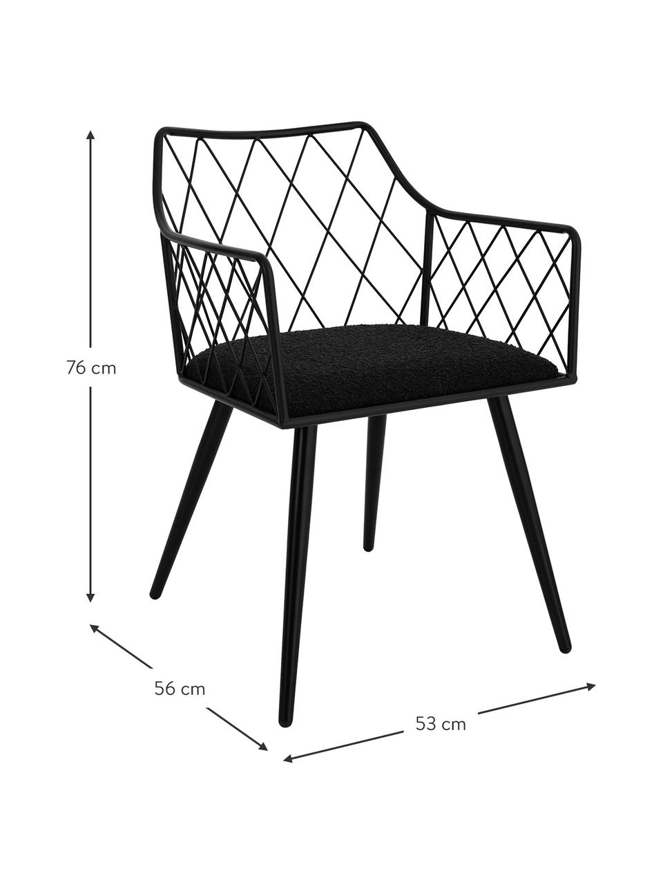 Kovové židle s područkami a bouclé podsedáky Heidie, 2 ks, Černá, Š 53 cm, H 56 cm