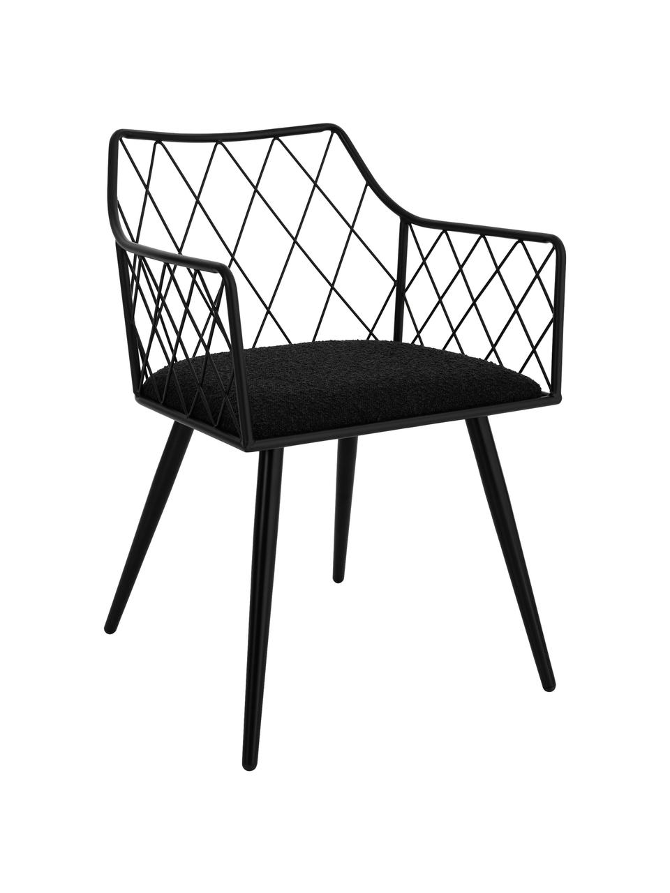 Metalen fauteuils Heidie met bouclé zitkussens, 2 stuks, Frame: gecoat metaal, Geweven stof zwart, zwart, B 53 cm x D 56 cm