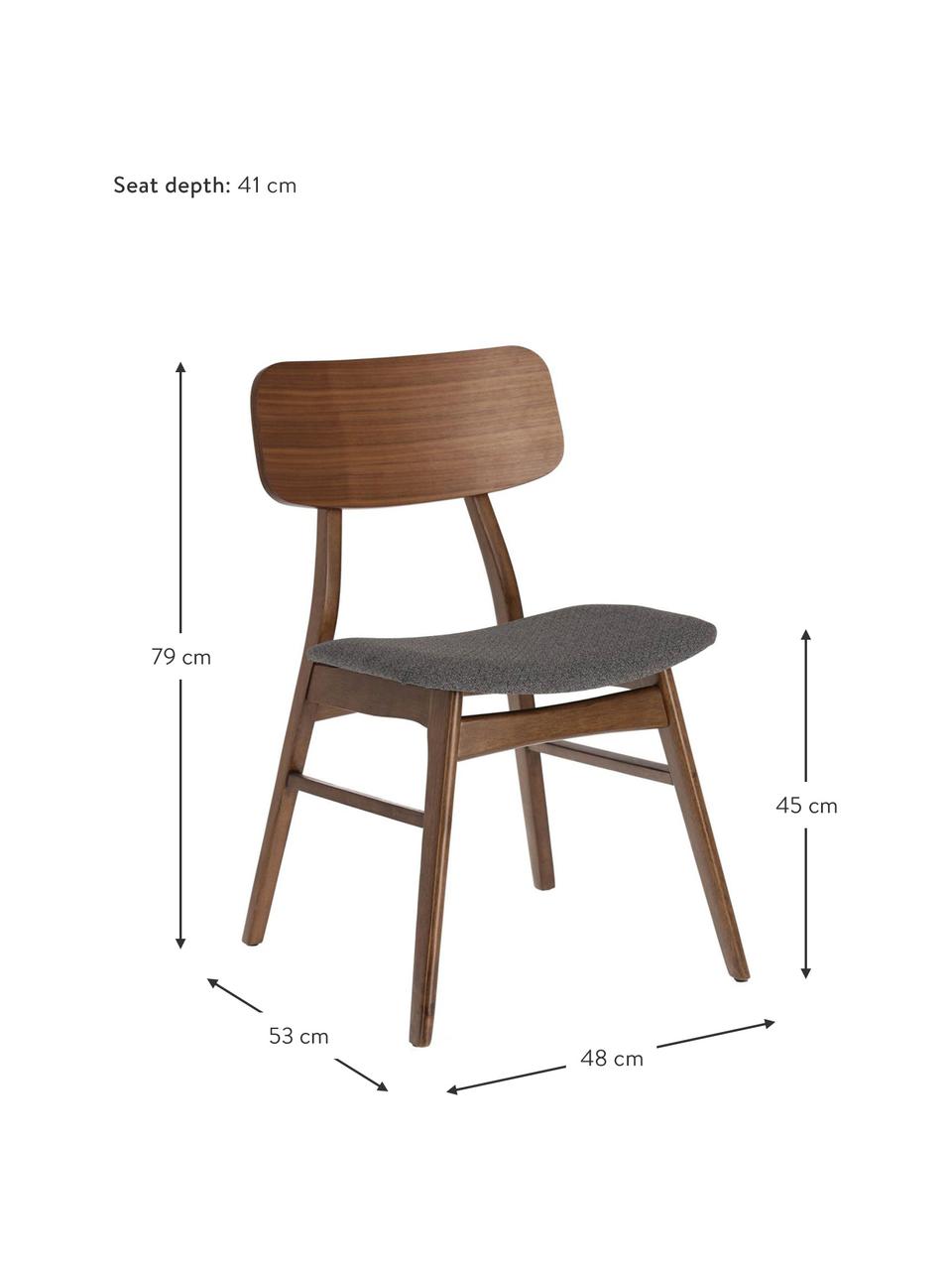 Houten stoelen Selia, 2 stuks, Frame: massief rubberhout, walno, Bekleding: polyester, Donkergrijs, donkerbruin, B 48 x D 53 cm