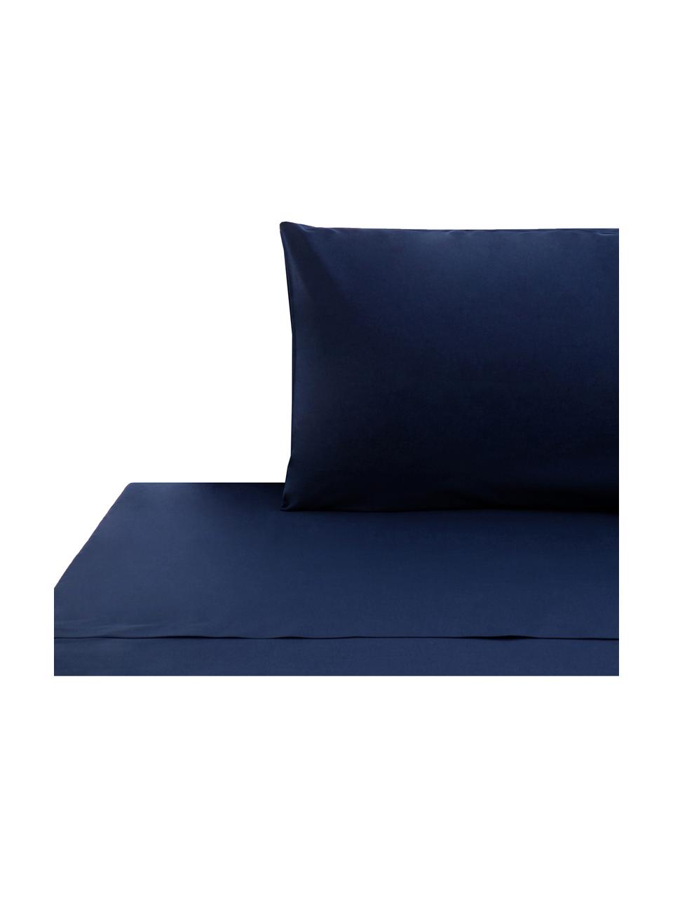 Set biancheria da letto con lenzuolo in cotone blu scuro Lenare, Fronte e retro: blu scuro, 150 x 290 cm + 1 federa 50 x 80 cm