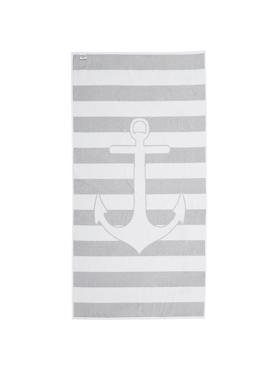 Gestreiftes Strandtuch Anon mit Anker-Motiv, 100% Baumwolle
leichte Qualität 380 g/m², Grau, Weiss, 80 x 160 cm