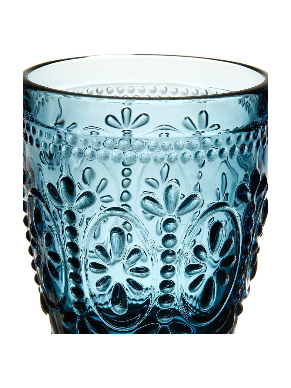 Waterglazen Chambord met bloemenreliëf in blauw, 6 stuks, Glas, Blauw, Ø 8 x H 10 cm, 250 ml