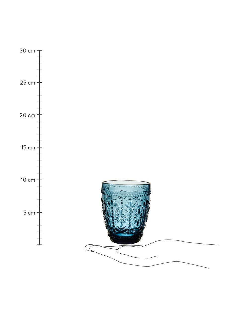 Pohár na vodu s kvetinovým reliéfom Chambord, 6 ks, Sklo, Modrá, Ø 8 x V 10 cm, 250 ml