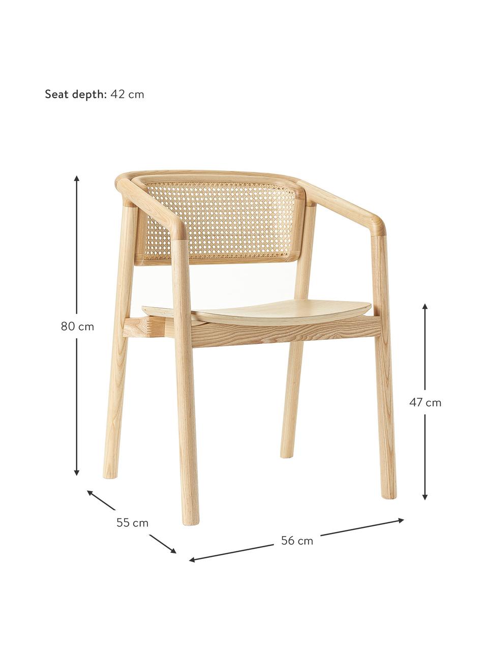 Krzesło z podłokietnikami z plecionką wiedeńską Gali, Stelaż: lite drewno jesionowe lak, Drewno jesionowe, beżowy, S 56 x G 55 cm