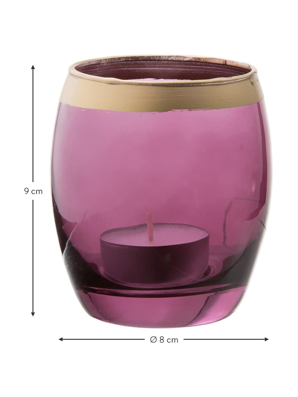 Set di 4 portalumini Jolina, Vetro verniciato, Portacandele: toni viola trasparente Bordo: dorato, Ø 8 x Alt. 9 cm