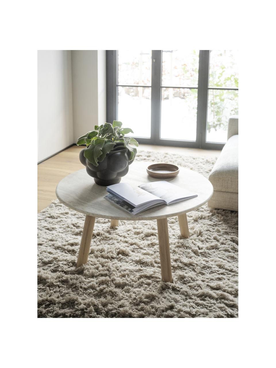 Table basse ronde en travertin Taransay, Beige clair Travertin, bois de chêne, Ø 90 cm