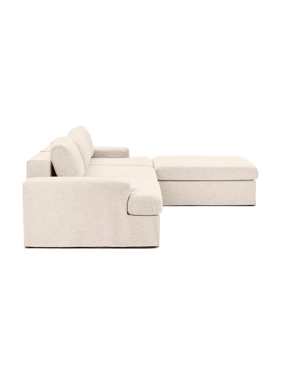Sofá modular con reposapiés Russell (4 plazas), desenfundable, Funda: 100% algodón Alta resiste, Tapizado: relleno de espuma, Estructura: madera contrachapada de p, Patas: plástico, Tejido beige claro, An 309 x F 206 cm