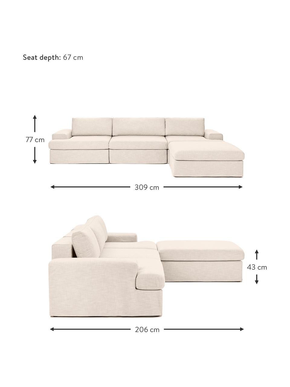 Canapé modulable 4 places avec pouf Russell, Tissu beige, larg. 309 x haut. 77 cm