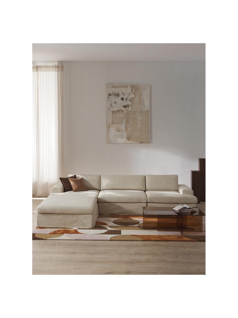 Canapé modulable 4 places avec pouf et revêtement amovible Russell, Tissu beige clair, larg. 309 x prof. 206 cm