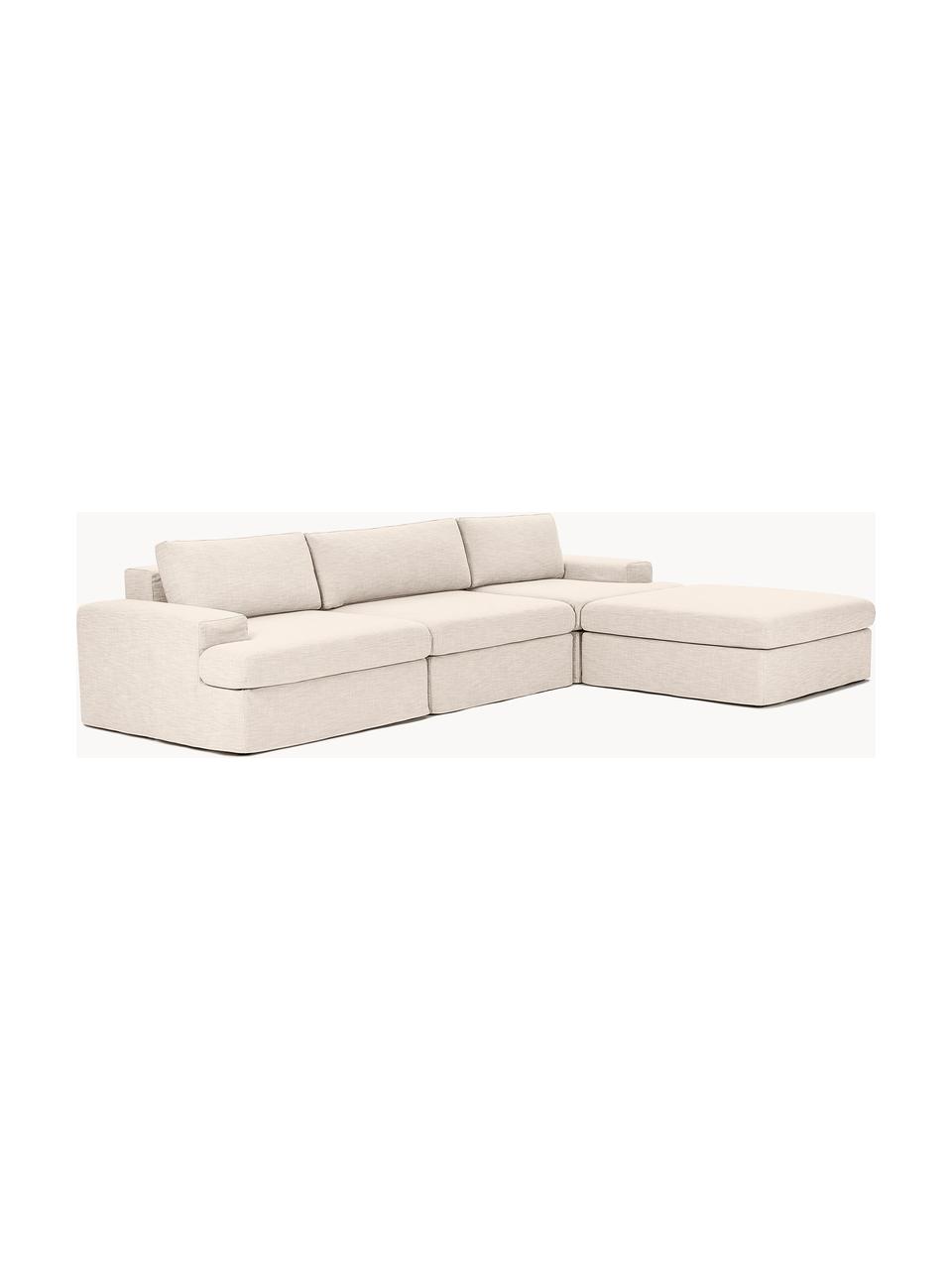 Modulares Sofa Russell (4-Sitzer) mit Hocker (links/rechts), Bezug: 100% Baumwolle Der strapa, Gestell: Massives Kiefernholz, Spe, Füße: Kunststoff Dieses Produkt, Webstoff Hellbeige, B 309 x T 206 cm