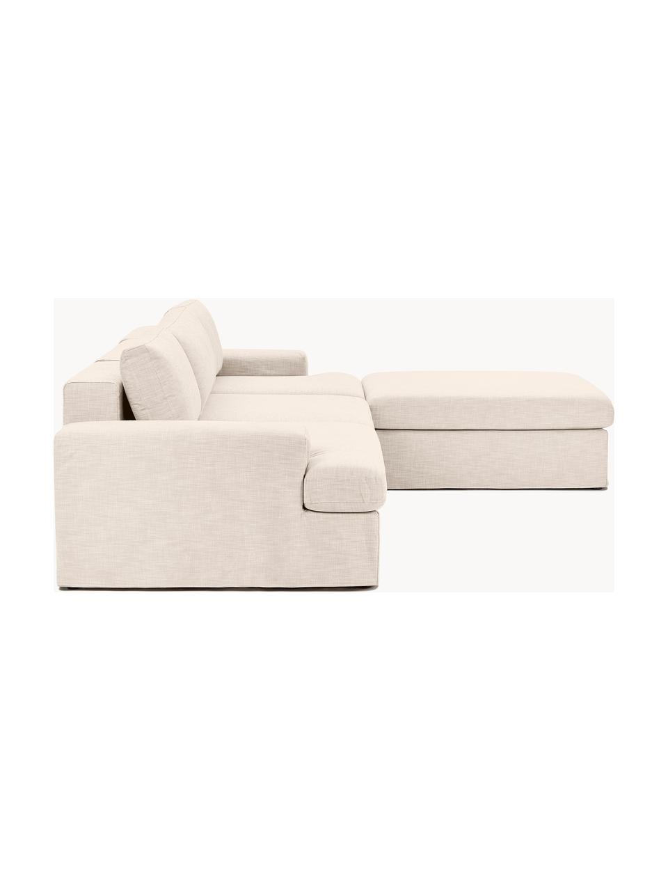 Sofá modular con reposapiés Russell (4 plazas), desenfundable, Tapizado: 100% algodón Alta resiste, Tapizado: relleno de espuma, Estructura: madera contrachapada de p, Patas: plástico Este producto es, Tejido beige claro, An 309 x F 206 cm