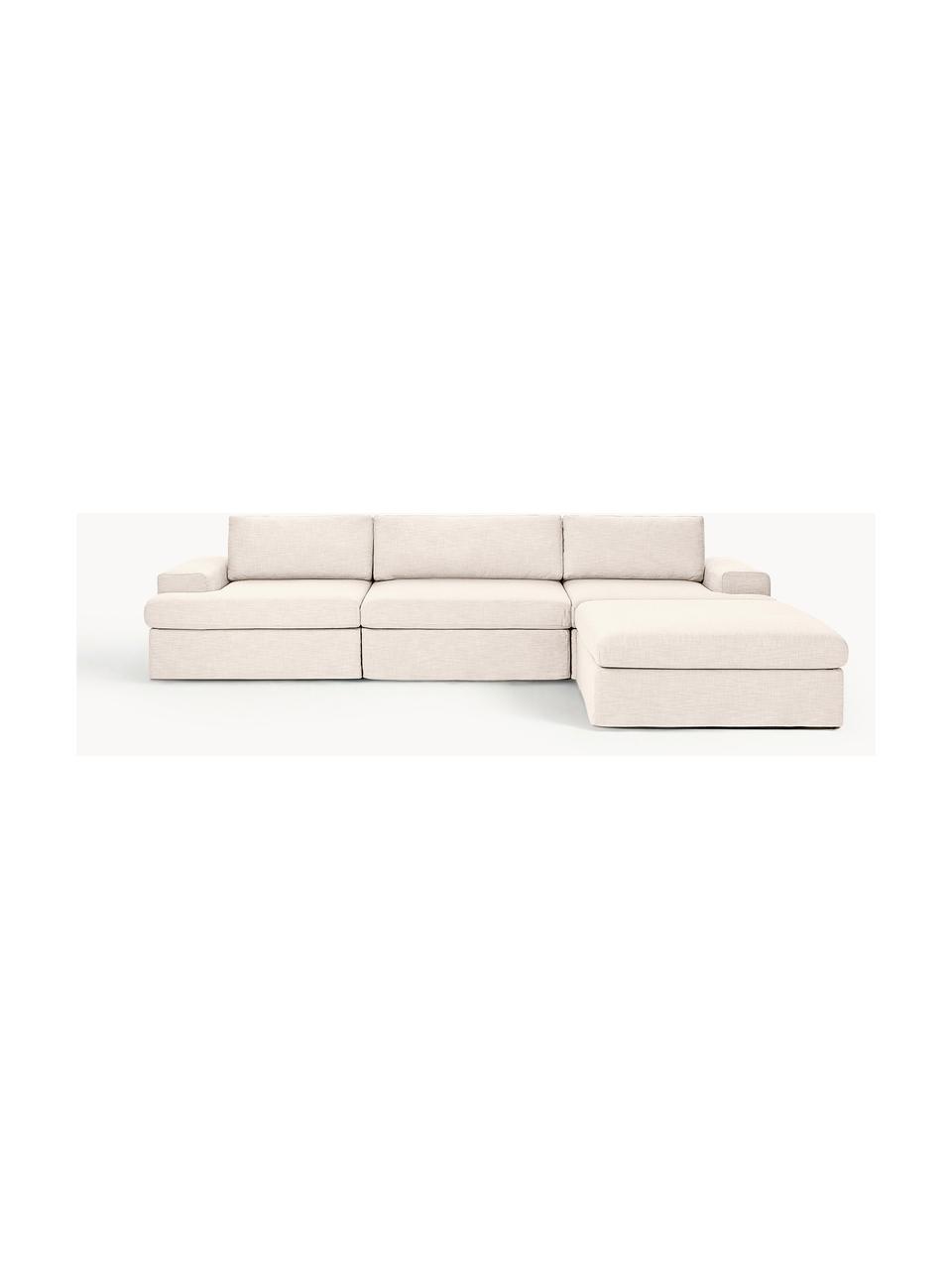 Modulares Sofa Russell (4-Sitzer) mit Hocker (links/rechts), Bezug: 100% Baumwolle Der strapa, Gestell: Massives Kiefernholz, Spe, Füße: Kunststoff Dieses Produkt, Webstoff Hellbeige, B 309 x T 206 cm