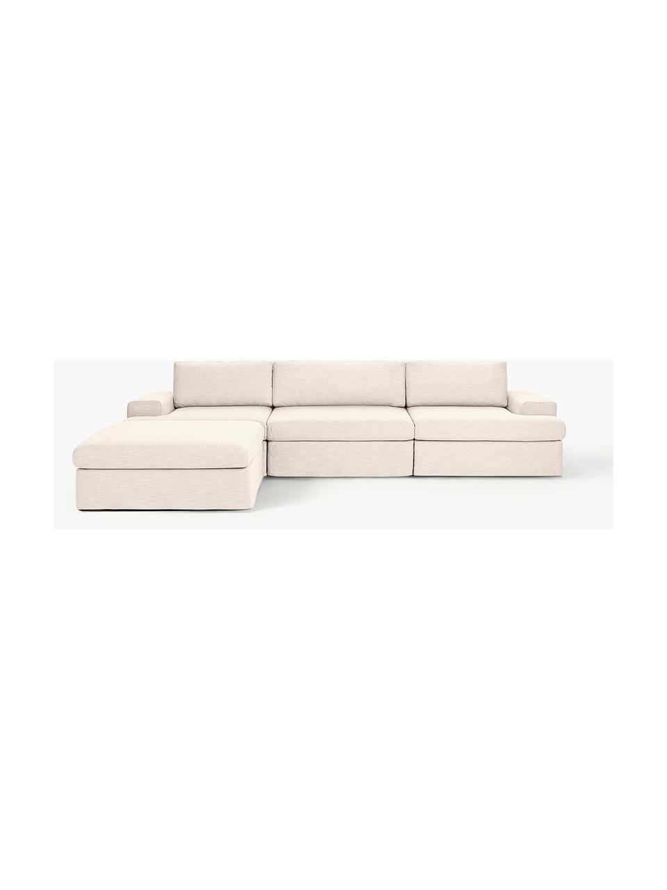 Modulares Sofa Russell (4-Sitzer) mit Hocker (links/rechts), Bezug: 100% Baumwolle Der strapa, Gestell: Massives Kiefernholz, Spe, Füße: Kunststoff Dieses Produkt, Webstoff Hellbeige, B 309 x T 206 cm