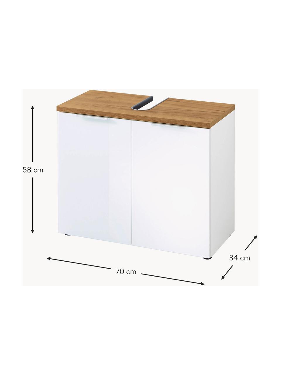 Bad-Unterschrank Julian, B 70 cm, Korpus: Spanplatte, melaminbeschi, Front: Glas, Spanplatte, melamin, Griffe: Metall, eloxiert, Füße: Kunststoff, Weiß, Holz, B 70 x H 58 cm