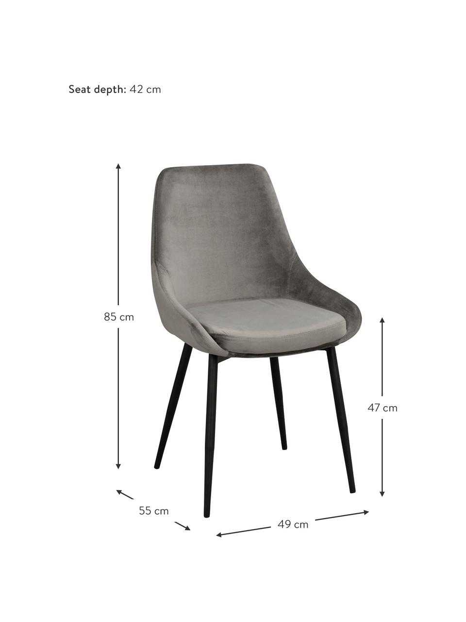 Chaise rembourrée en velours Sierra, 2 pièces, Gris, noir, larg. 49 x prof. 55 cm