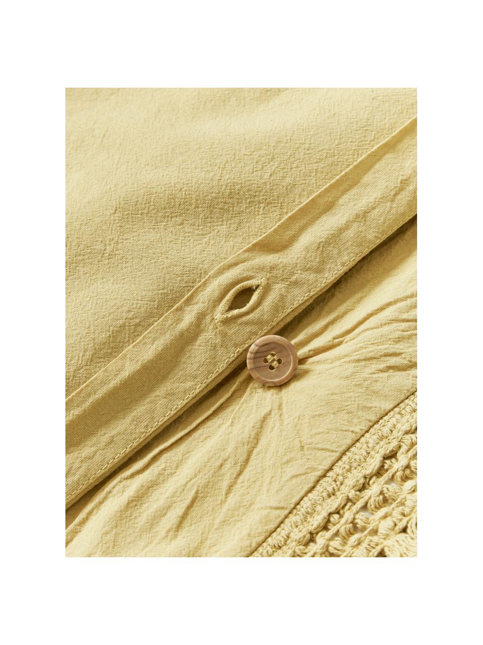 Housse de couette en percale de coton à franges Abra, Jaune moutarde, larg. 200 x long. 200 cm