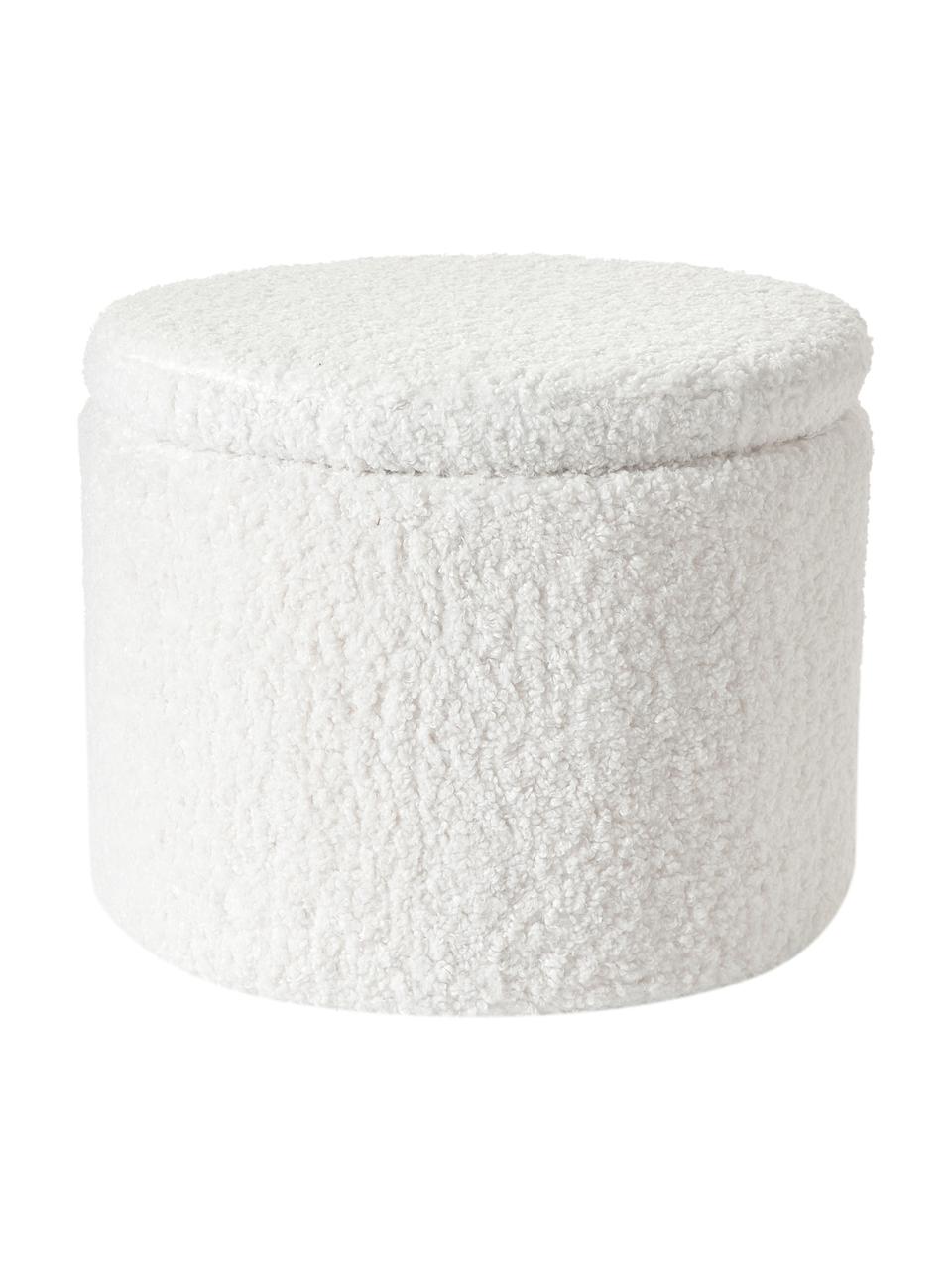 Tabouret en tissu bouclé avec coffre Alida, Tissu peluche blanc, Ø 50 x haut. 42 cm