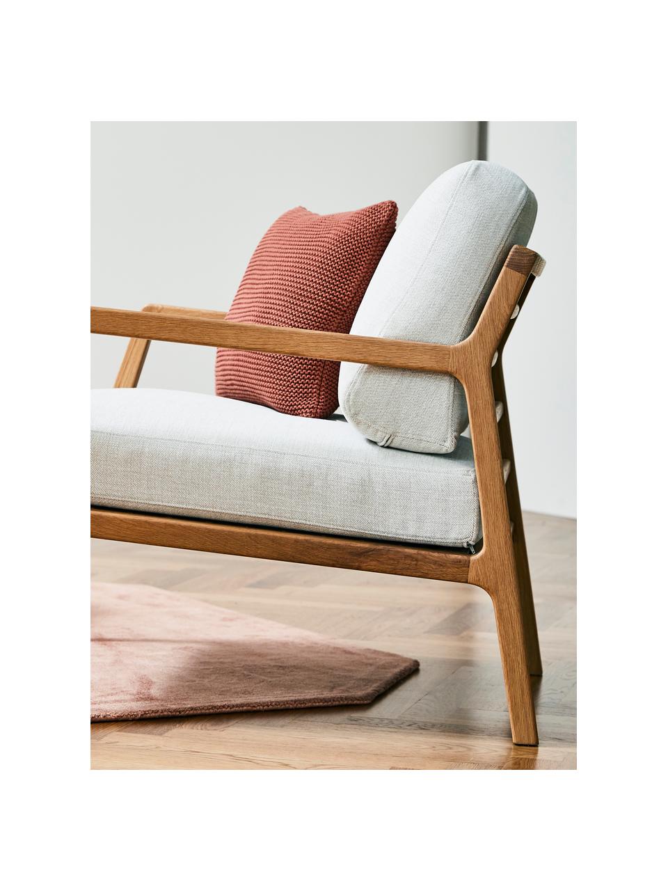 Fotel z drewna dębowego Becky, Tapicerka: poliester Dzięki tkaninie, Beżowa tkanina, drewno dębowe, S 73 x G 90 cm