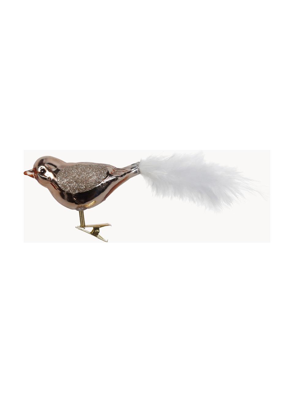 Baumclips Bird, 2 Stück, Glas, Federn, Roségoldfarben, Weiss, B 10 x H 5 cm
