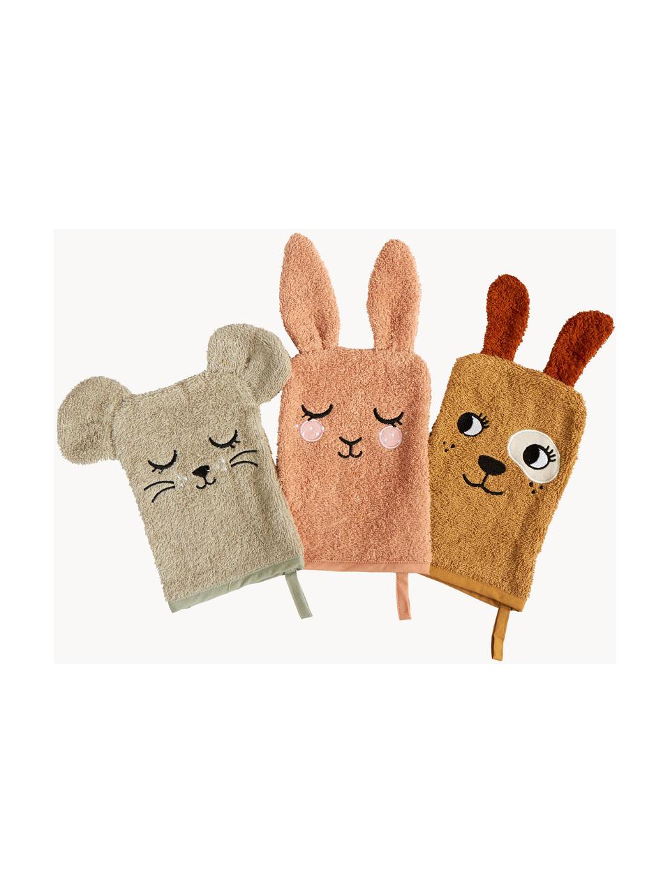 Waschhandschuhe Animals, 3er-Set, 100 % Baumwolle, Hellbraun, Peach, Hellbeige, B 15 x L 21 cm