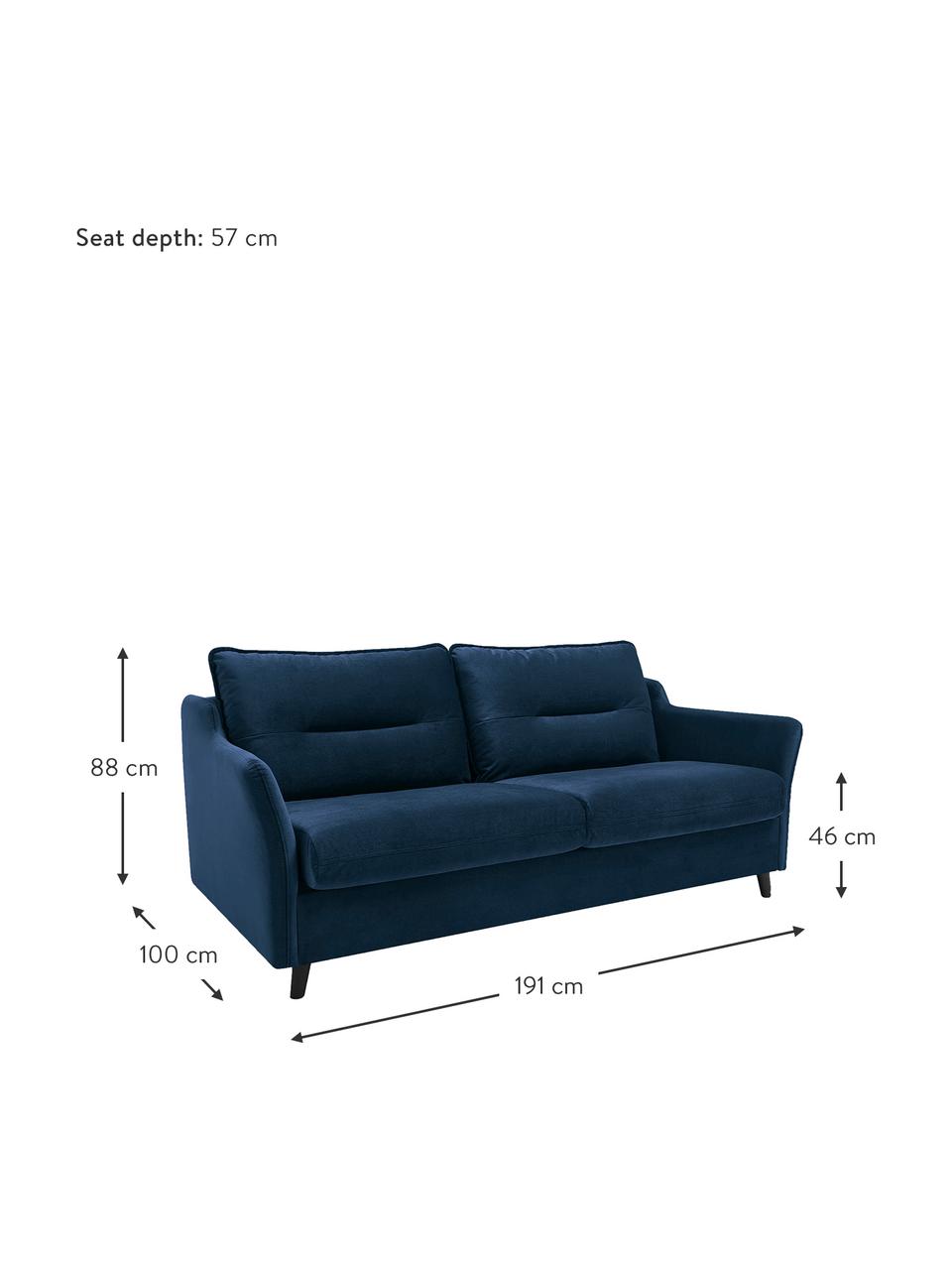 Sofa rozkładana z aksamitu Loft (3-osobowa), Tapicerka: 100% aksamit poliestrowy, Nogi: metal lakierowany, Granatowy, S 191 x G 100 cm