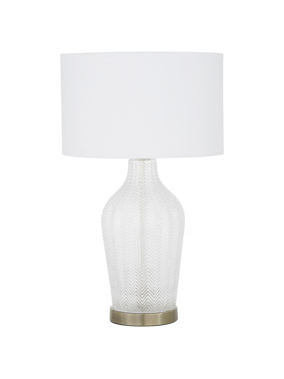 Grosse Tischlampe Sue mit Glasfuss, Lampenschirm: Textil, Lampenschirm: WeissLampenfuss: Transparent, Messing, gebürstet, Ø 33 x H 55 cm