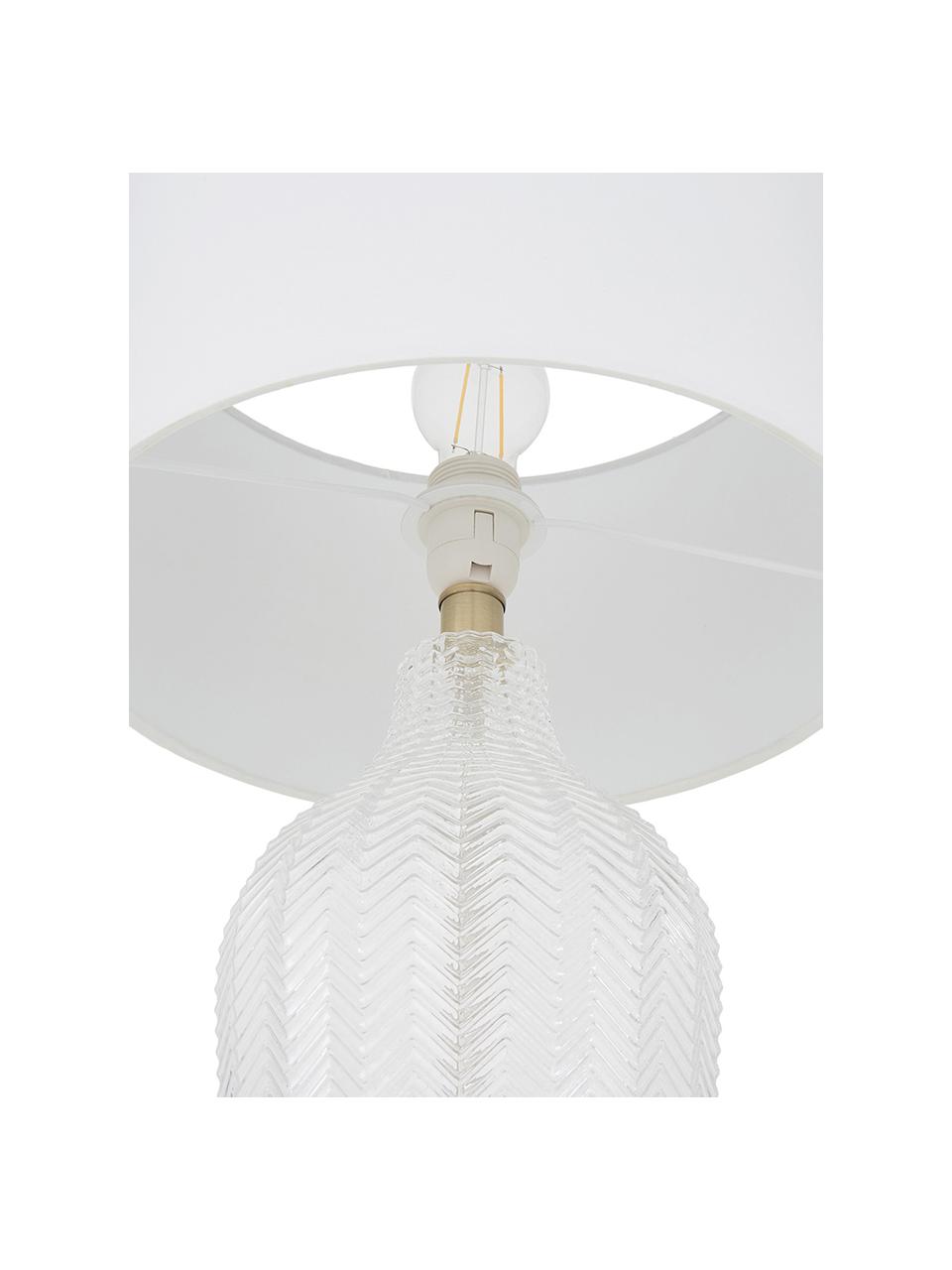 Grosse Tischlampe Sue mit Glasfuss, Lampenschirm: Textil, Lampenschirm: WeissLampenfuss: Transparent, Messing, gebürstet, Ø 33 x H 55 cm