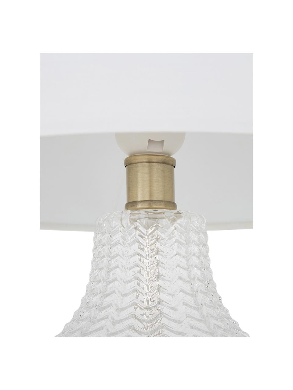 Lampada da tavolo Sue, Paralume: tessuto, Base della lampada: vetro, metallo ottonato, Paralume: bianco Base della lampada: trasparente, ottone spazzolato, Ø 33 x Alt. 55 cm