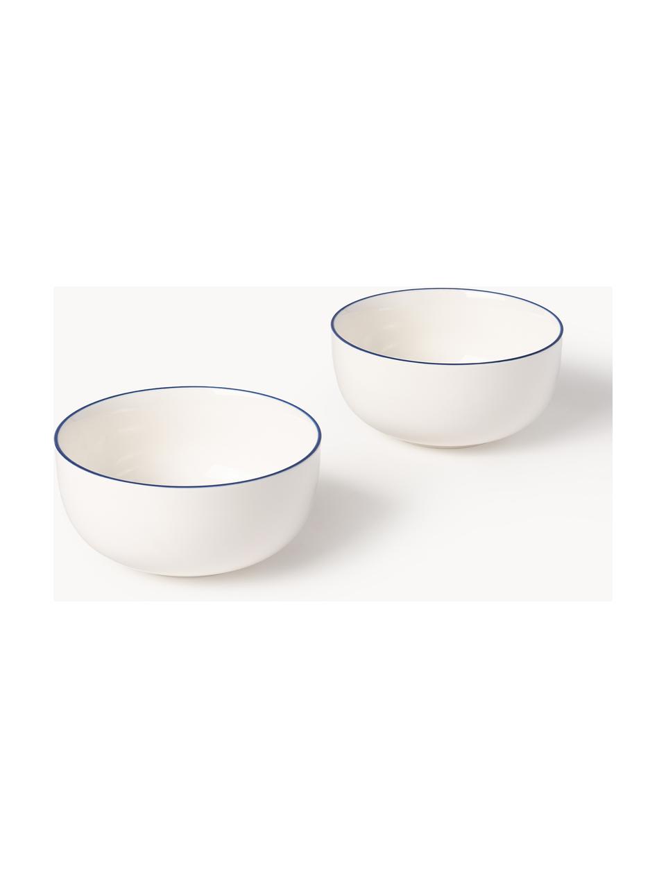 Bols à muesli en porcelaine Facile, 2 pièces, Porcelaine robuste de haute qualité (env. 50 % kaolin, 25 % quartz et 25 % feldspath), Blanc cassé avec bordure bleu foncé, Ø 16 x haut. 8 cm