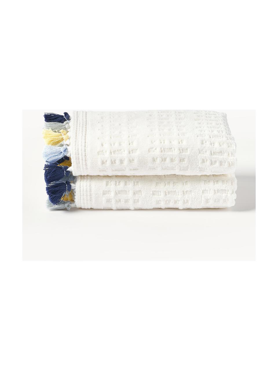 Serviette de toilette en velours avec franges Niam, tailles variées, Blanc crème, tons bleus et jaunes, Serviettes invité XS, larg. 30 x long. 50 cm, 2 pièces