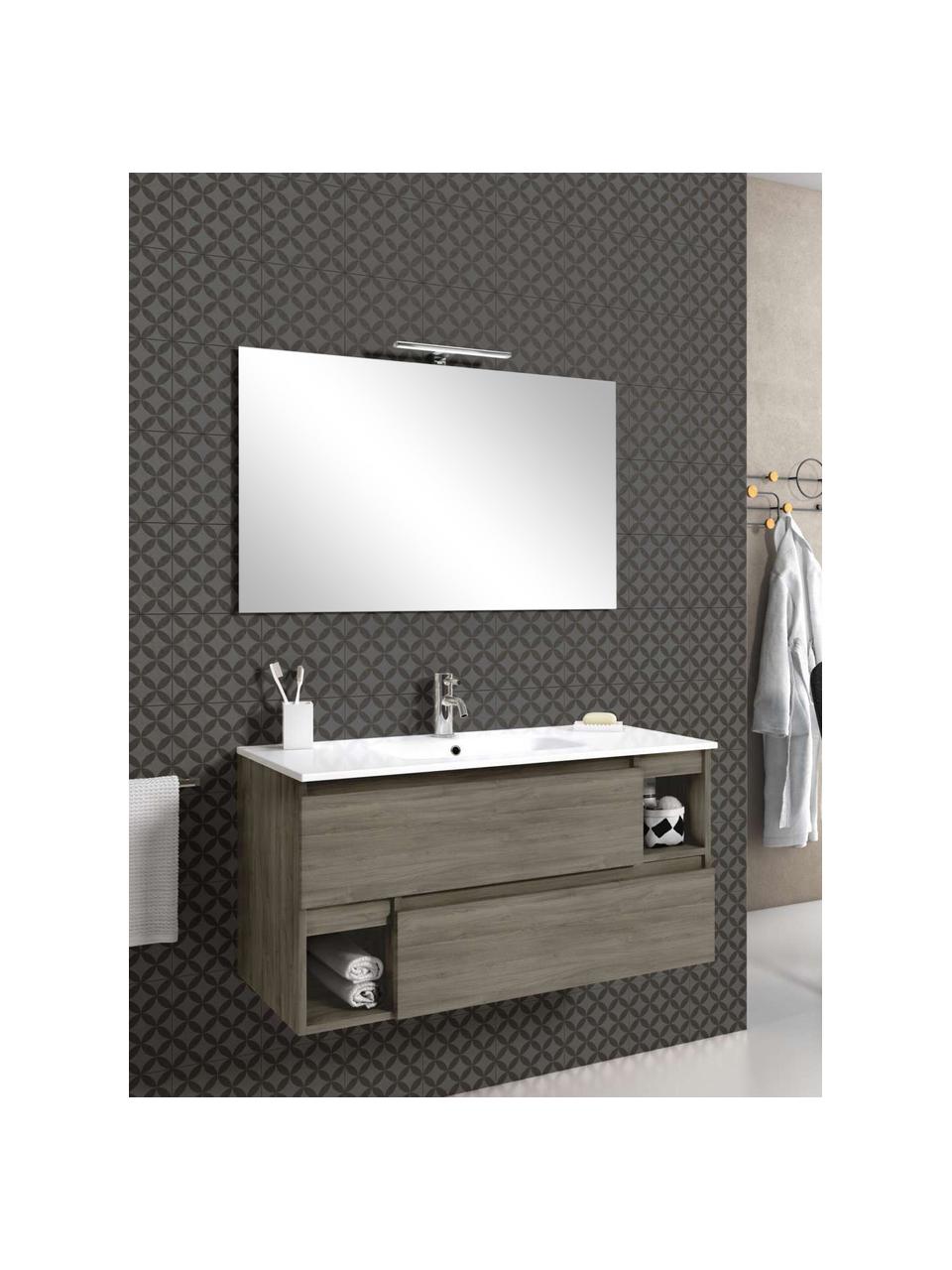 Set lavabo Zante 4 pz, Lampada: alluminio, rivestito, Superficie dello specchio: vetro a specchio, Legno, bianco, Set in varie misure