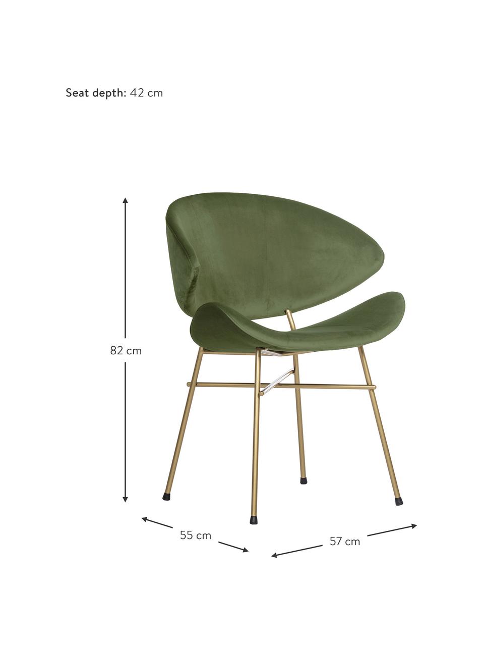 Silla tapizada en terciopelo Cheri, tapizado hidrófugo, Tapizado: 100% poliéster (tercipelo, Asiento: tablero de madera contrac, Estructura: acero con pintura en polv, Terciopelo verde, latón, An 57 x F 55 cm