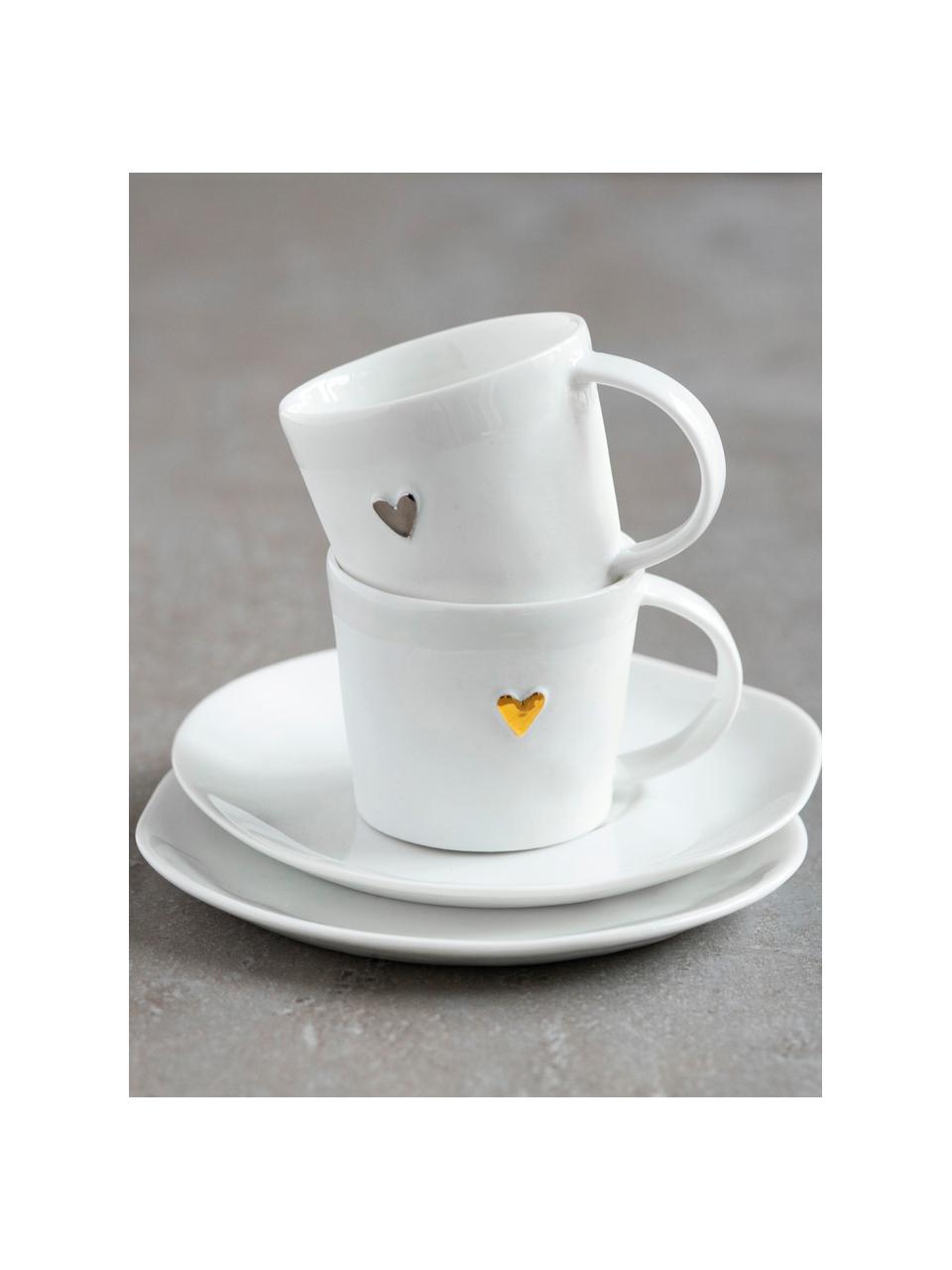 Taza espresso con platitos de porcelana Heart, Porcelana esmaltado, Blanco, dorado, Ø 6 x Al 5 cm, 80 ml