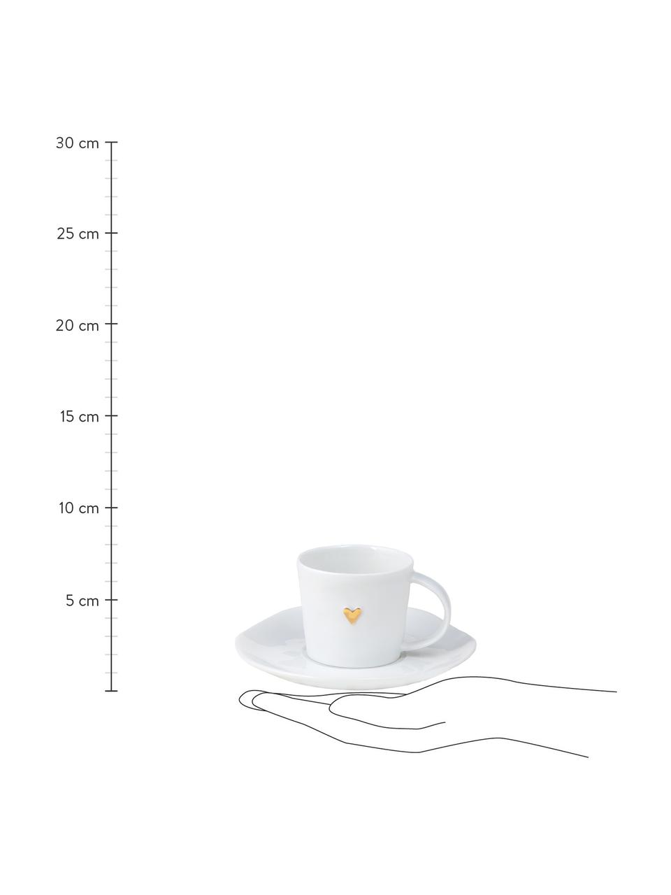 Taza espresso con platitos de porcelana Heart, Porcelana esmaltado, Blanco, dorado, Ø 6 x Al 5 cm, 80 ml