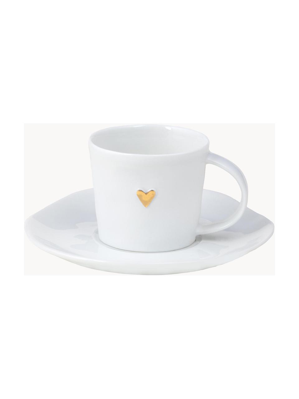 Tazzina caffè con piattino in porcellana Heart, Porcellana smaltata, Bianco, dorato, Ø 6 x Alt. 5 cm, 80 ml