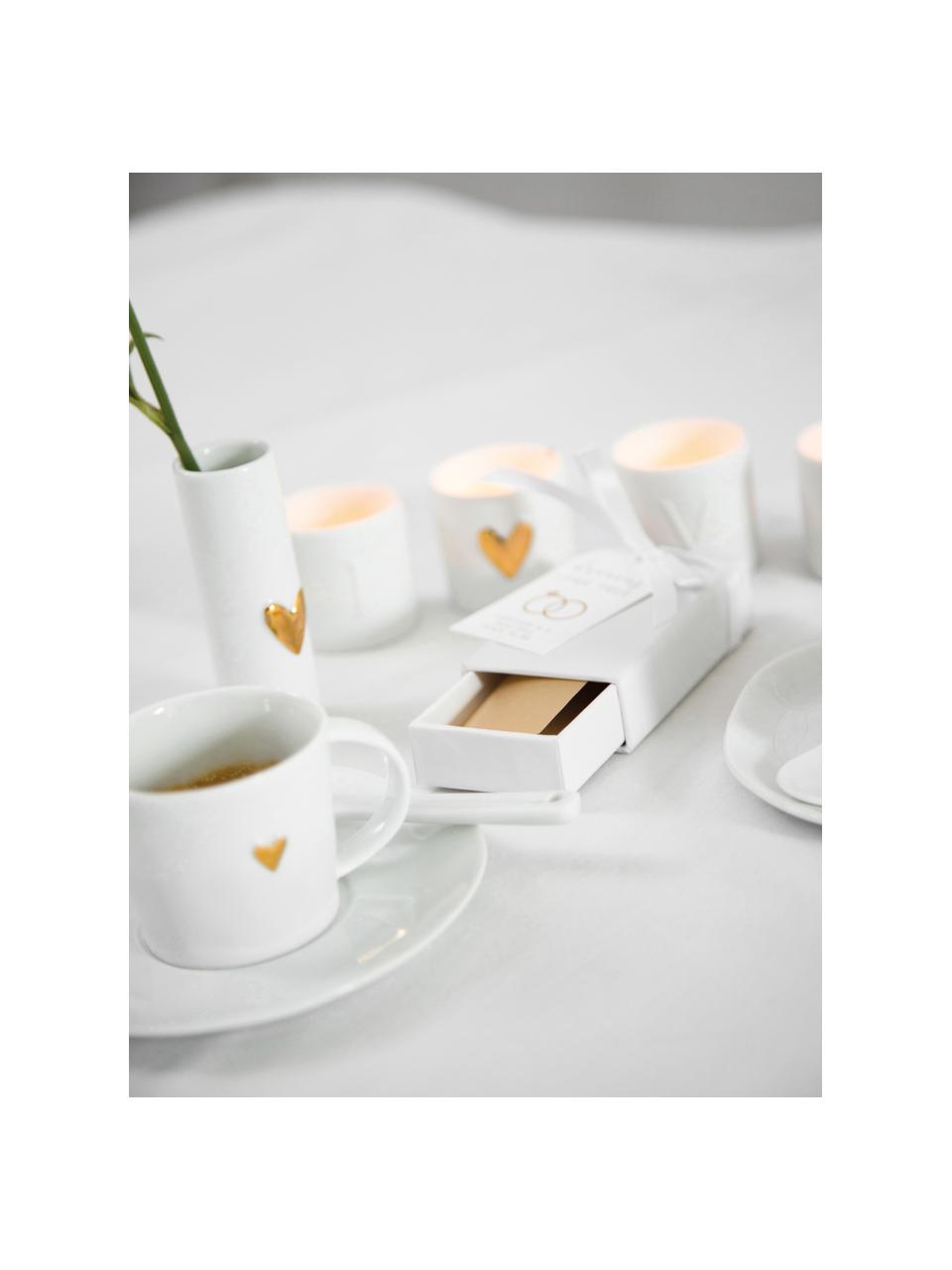 Espressokopje Heart met schoteltje van porselein, Geglazuurd porselein, Wit, goudkleurig, Ø 6 x H 5 cm, 80 ml