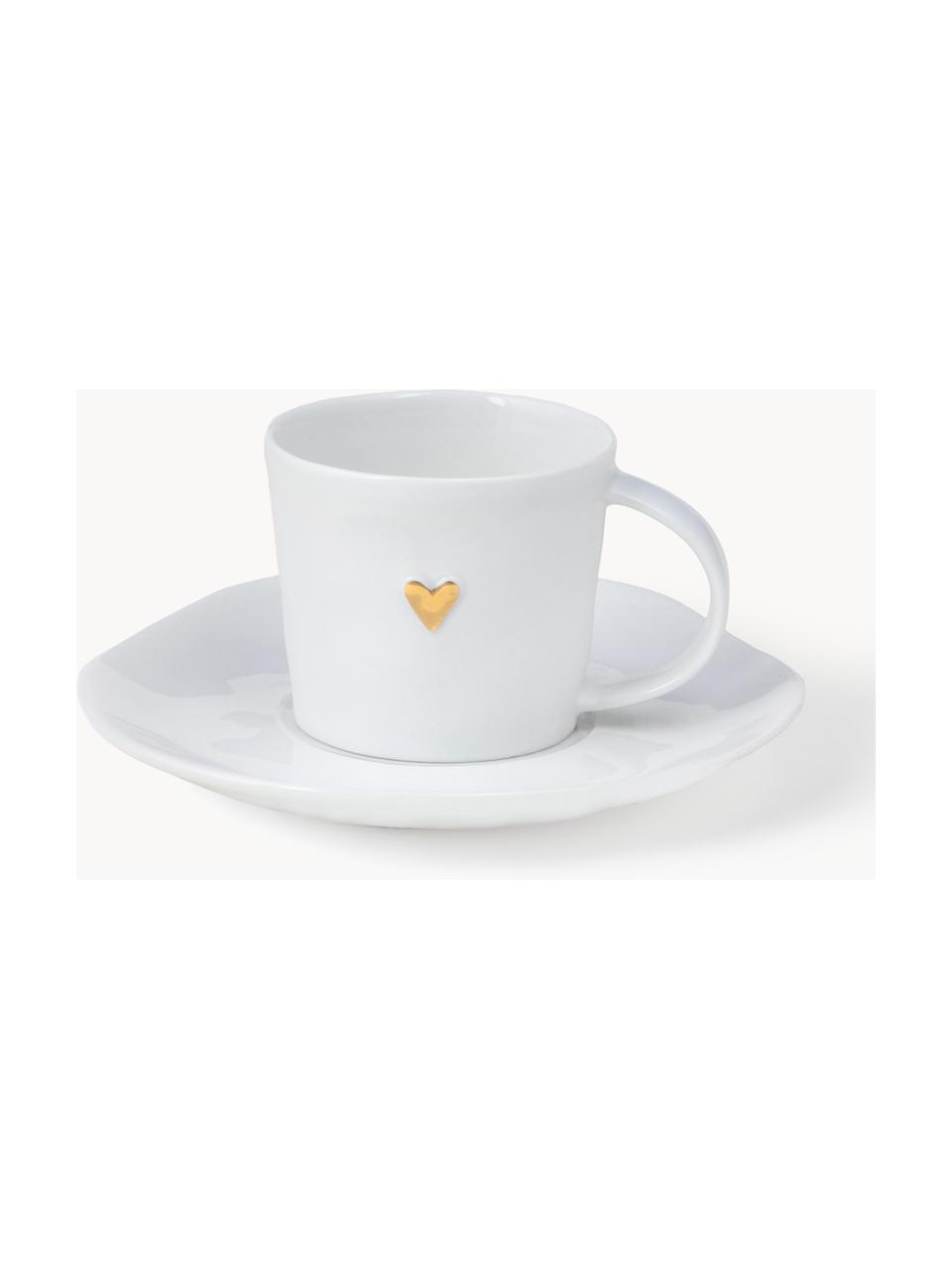 Espressotasse Heart mit Untertasse aus Porzellan, Porzellan, glasiert, Weiss, Goldfarben, Ø 6 x H 5 cm, 80 ml