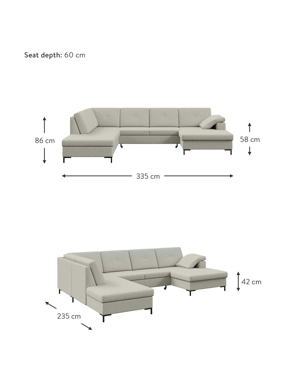 Divano letto angolare in tessuto beige chiaro con contenitore Moor, Rivestimento: 100% poliestere con siste, Struttura: legno duro, legno tenero,, Piedini: legno, laccato Il rivesti, Beige chiaro, Larg. 335 x Prof. 235 cm